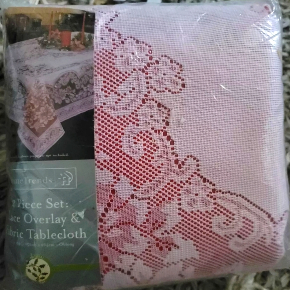 Vintage Home Trends Christmas Poinsettias 2 Piece Set Lace Overlay & Fabric Tabl